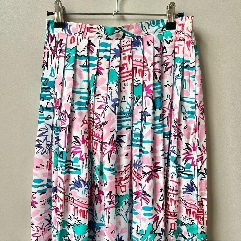 Vintage Skirt Women's XS Tropical Palm Trees Pleated Midi White Pink Kawaii - Picture 5 of 8
